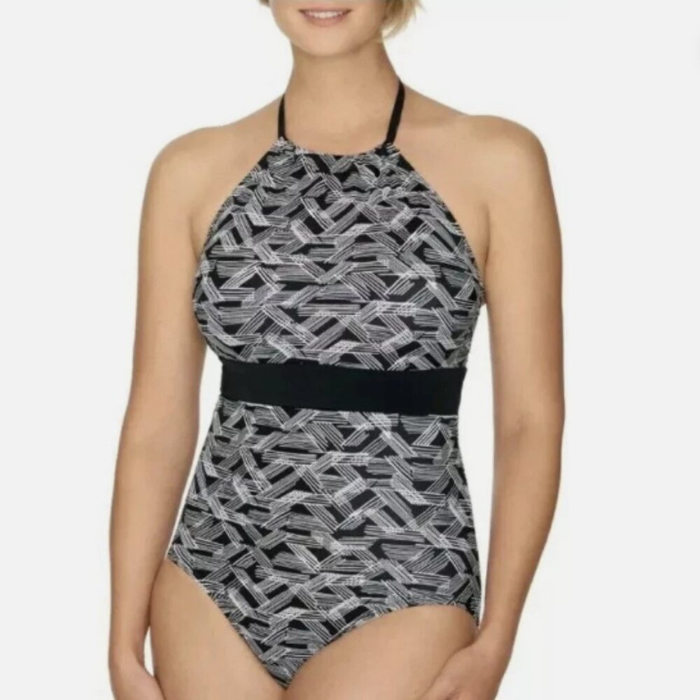 Time & Tru Women's Halter One Piece Swimsuit Abstract Black Print Size 1X